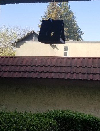 Birdhouse hanging outside.